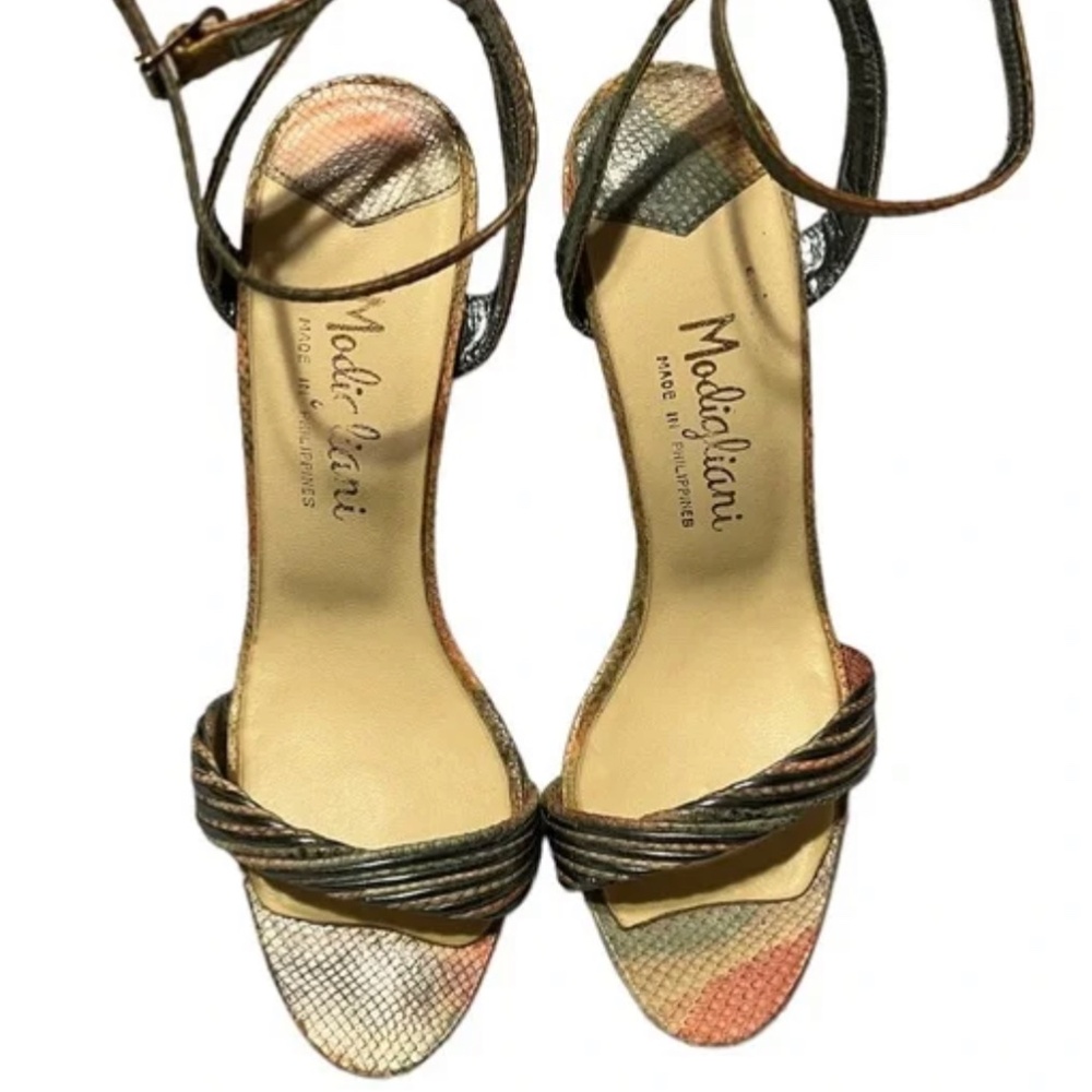 Vintage 70s Modigliani snakeskin heels, multicolor with silver accent sz. 5 EUC